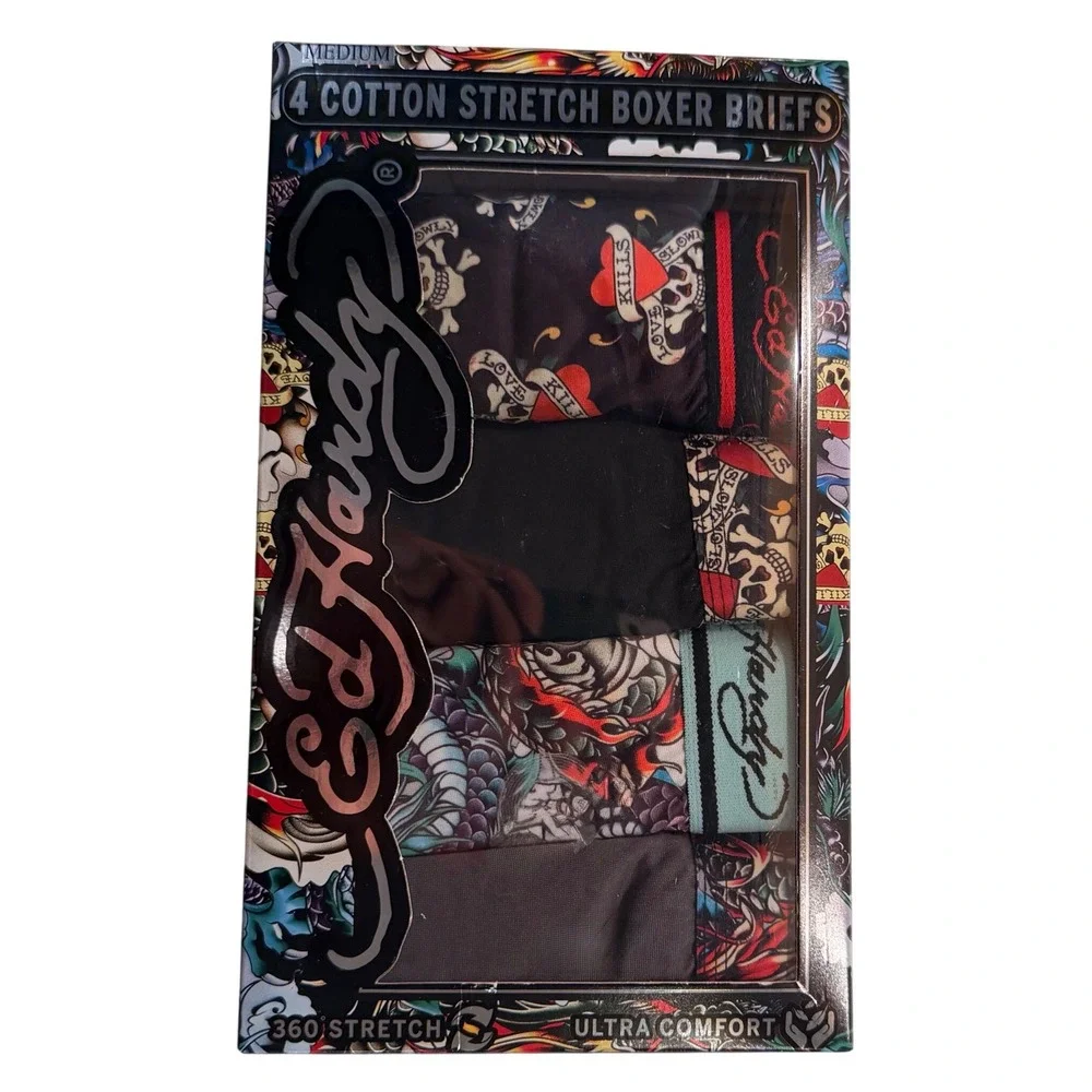Ed Hardy Cotton Stretch Boxer Briefs 4 Pack (MD 32-34) Soft Skull Dragon Tattoo